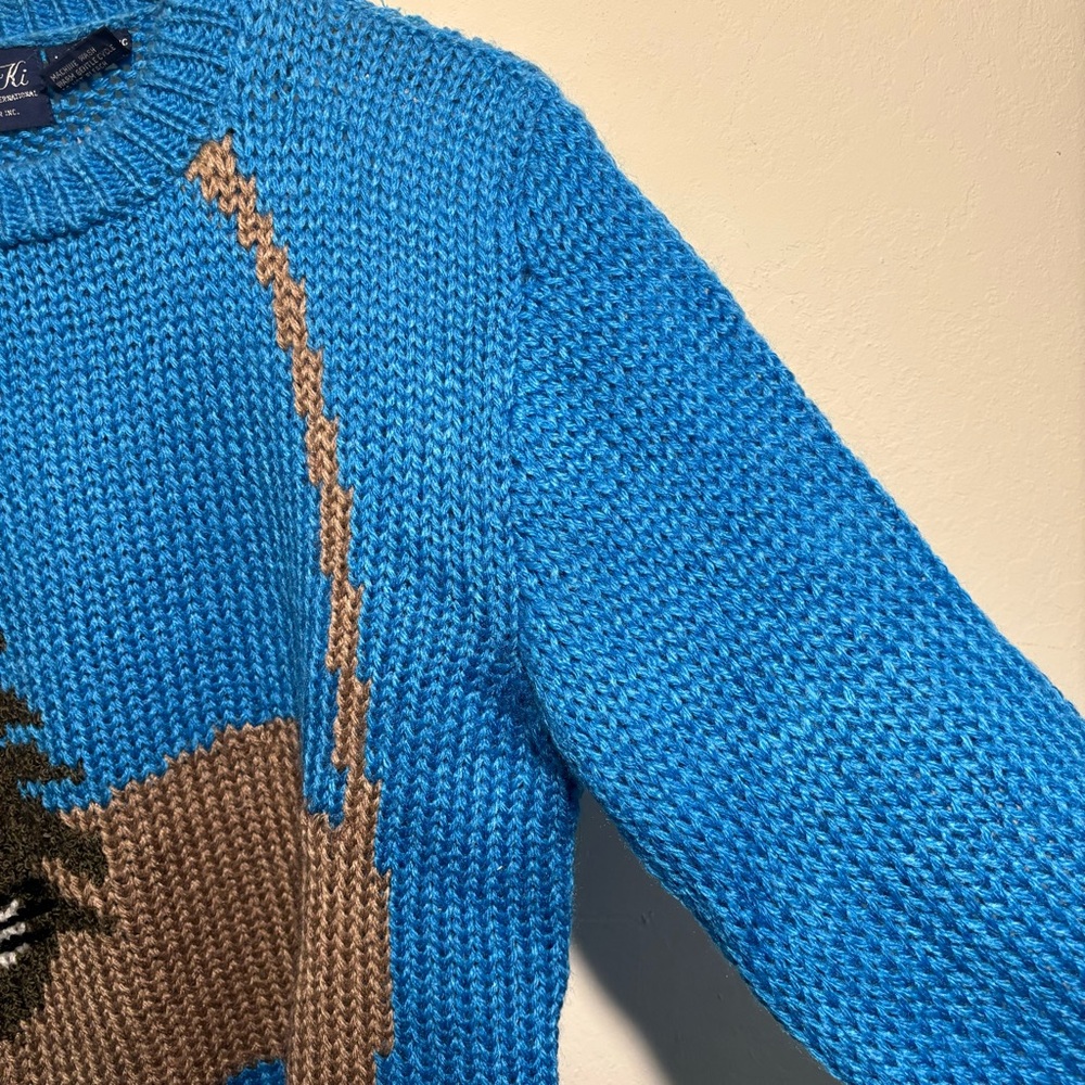 Vintage Adorable Blue Lion Knit Sweater with 3D Pom Pom Tail MEDIUM - Picture 5 of 7